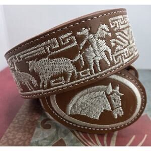 YAC Leather and Silk Embroidered Horse Head Design Belt and Buckle 40 X 1.5 Wide